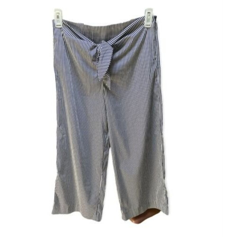Zara Woman White Blue Striped Tie Front Cropped Gaucho Pants Size Small S